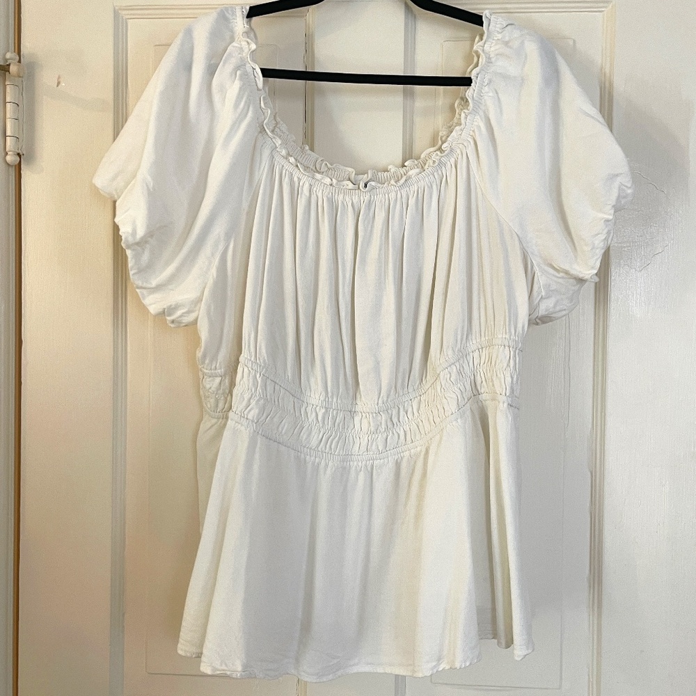 Torrid Linen Puff Sleeve Shirred Bodice Blouse - White - 4x